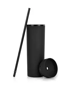 1pc Plain Portable Tumbler, Black Simple Straight Straw Cup For Office - Multicolor - View 2