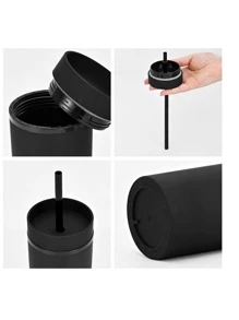 1pc Plain Portable Tumbler, Black Simple Straight Straw Cup For Office - Multicolor - View 5