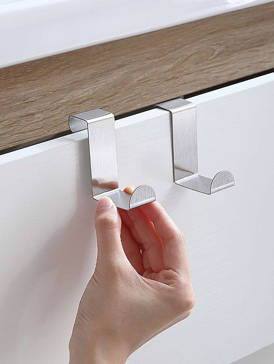 2pcs Cabinet Door Rear Hook,Stainless Steel Reversible Over Door Cabinet Drawer Hook,Office Kitchen Towel Coat Hooks Rack - Silver - View 1