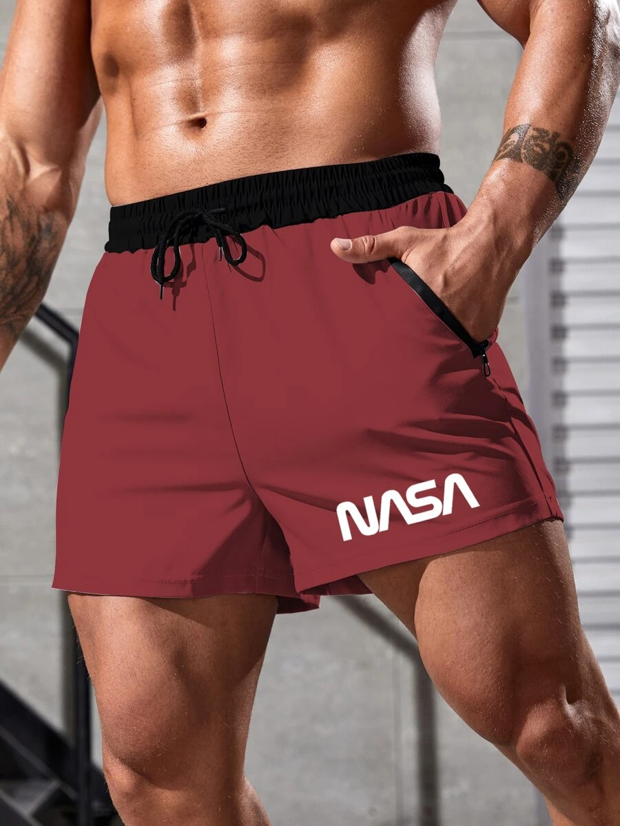 Manfinity Sport Corelite Men Letter Graphic Drawstring Waist Sports Shorts - Burgundy - View 1
