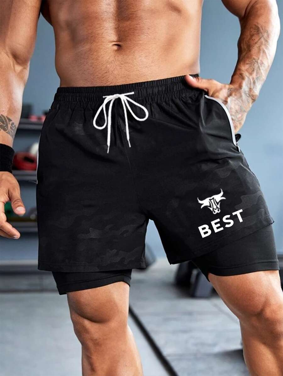 Manfinity Running Men Letter Graphic Drawstring Waist 2 In 1 Sports Shorts Gym Shorts Jogger Shorts - Black - View 1