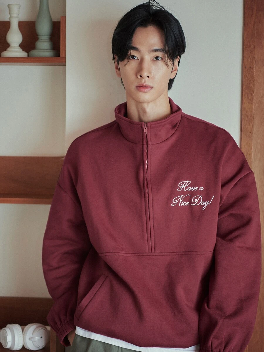 DAZY Men Slogan Embroidery Drop Shoulder Sweatshirt - Burgundy - View 1