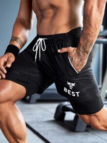 Manfinity Running Men Letter Graphic Drawstring Waist 2 In 1 Sports Shorts Gym Shorts Jogger Shorts - Black - View 3