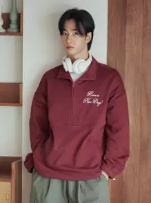 DAZY Men Slogan Embroidery Drop Shoulder Sweatshirt - Burgundy - View 2