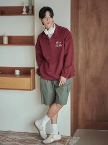 DAZY Men Slogan Embroidery Drop Shoulder Sweatshirt - Burgundy - View 4