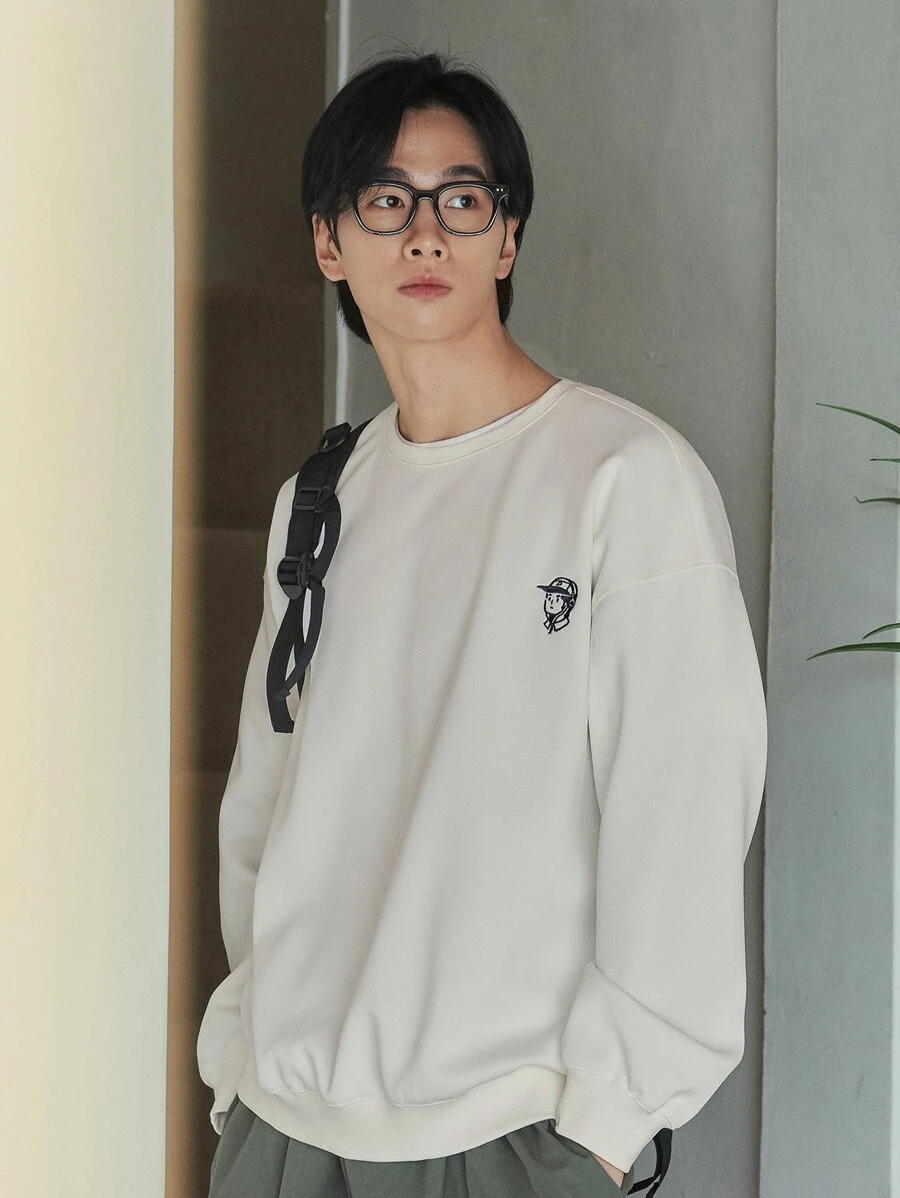 DAZY Men Figure Embroidery Drop Shoulder Pullover - White - View 1