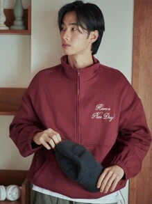 DAZY Men Slogan Embroidery Drop Shoulder Sweatshirt - Burgundy - View 5