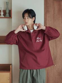 DAZY Men Slogan Embroidery Drop Shoulder Sweatshirt - Burgundy - View 6