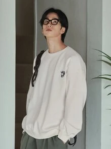 DAZY Men Figure Embroidery Drop Shoulder Pullover - White - View 5