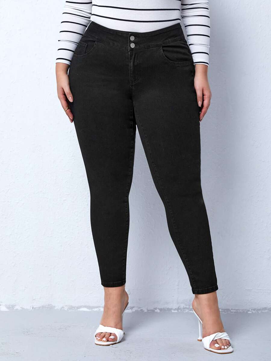 Plus High Waist Skinny Jeans - Black - View 1