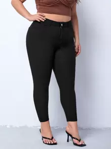 SHEIN Essnce Quần Denim kích thước lớn Nút Túi Dây kéo màu trơn - màu đen - Xem 5