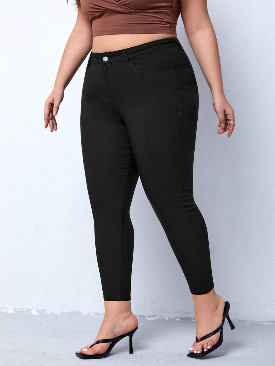 SHEIN Essnce Quần Denim kích thước lớn Nút Túi Dây kéo màu trơn - màu đen - Xem 1