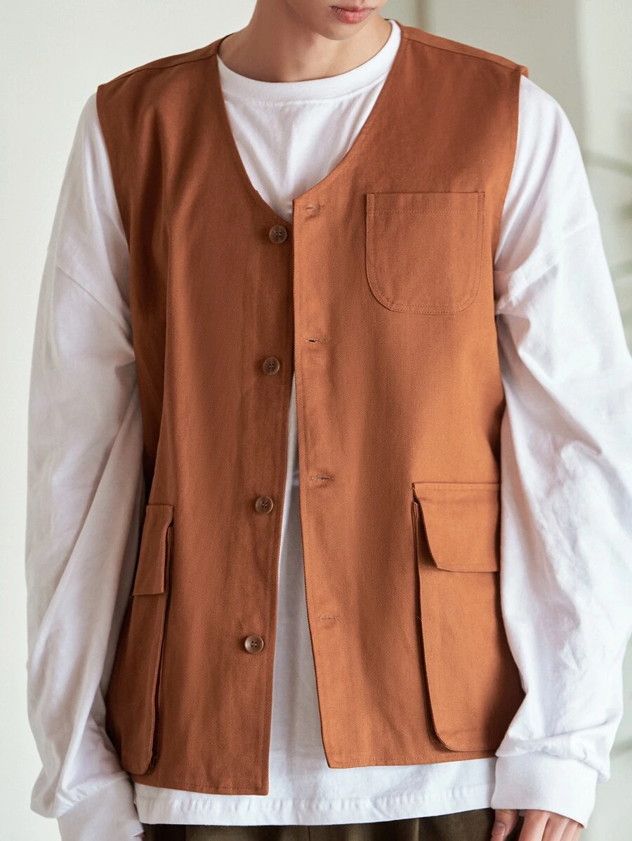 DAZY Men Flap Pocket Vest Coat - Rust Brown - View 1