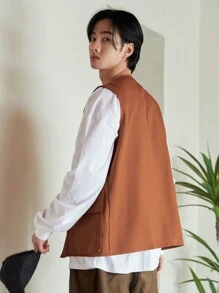 DAZY Men Flap Pocket Vest Coat - Rust Brown - View 2