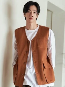 DAZY Men Flap Pocket Vest Coat - Rust Brown - View 3