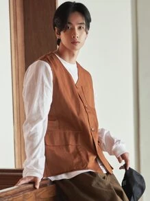DAZY Men Flap Pocket Vest Coat - Rust Brown - View 8