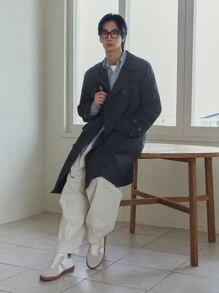 DAZY Men Double Breasted Trench Coat - Navy Blue - View 4