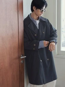 DAZY Men Double Breasted Trench Coat - Navy Blue - View 6