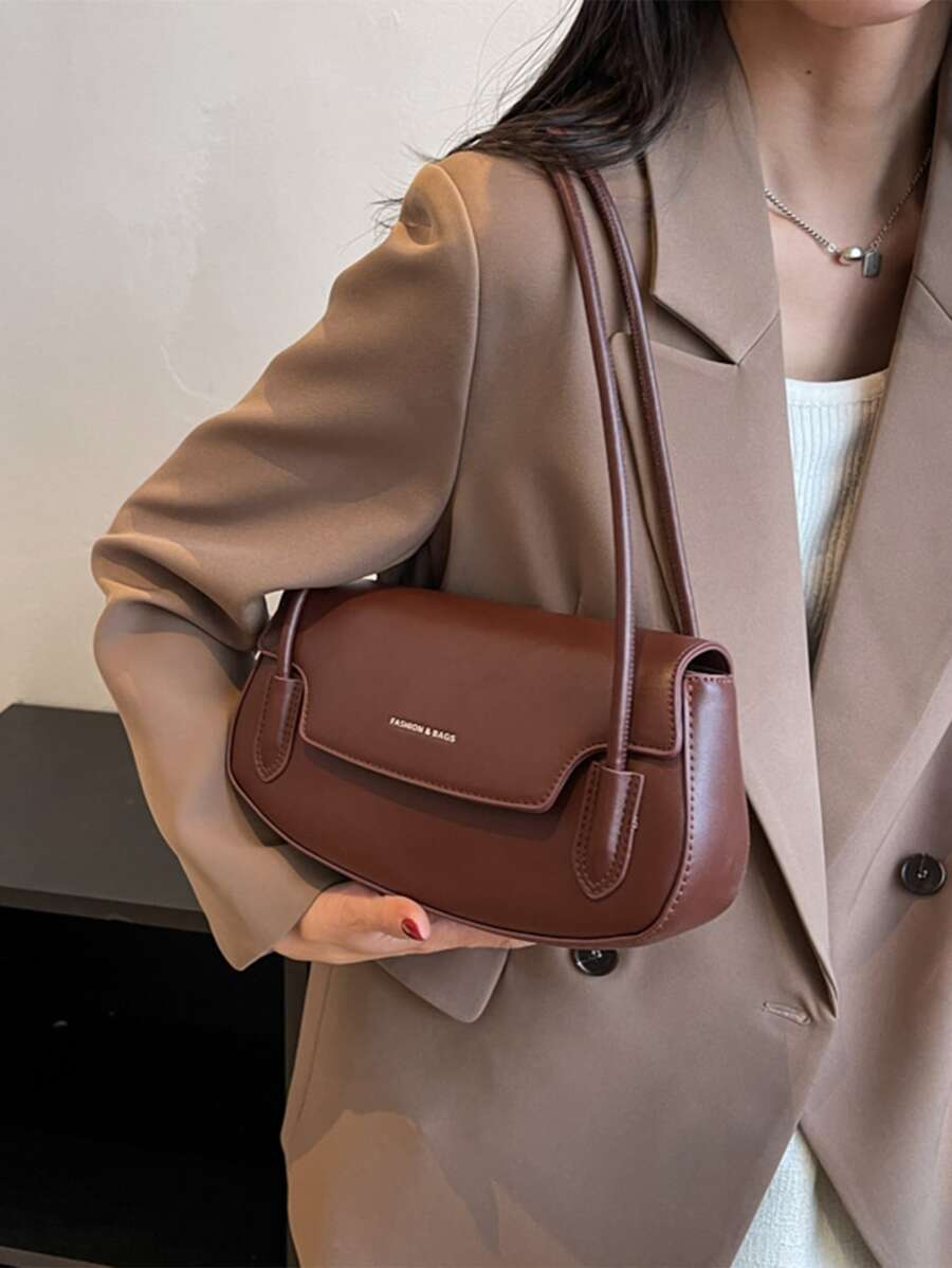 字母圖案翻蓋馬鞍包 - 棕色 - 查看 1