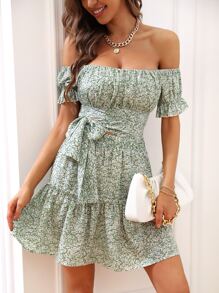 Breezaya Allover Floral Print Off Shoulder Tie Front Top & Ruffle Hem Skirt - Green - View 3