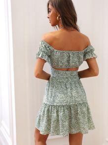Breezaya Allover Floral Print Off Shoulder Tie Front Top & Ruffle Hem Skirt - Green - View 2