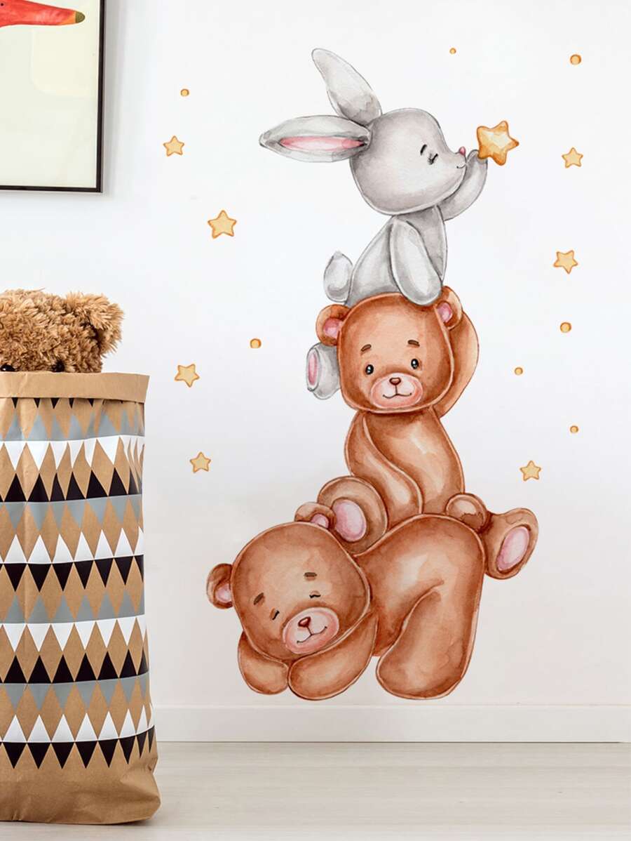 1入組熊和兔子印花牆貼卡通PVC動物印花牆貼花適用於家居裝飾 - 彩色 - 查看 1