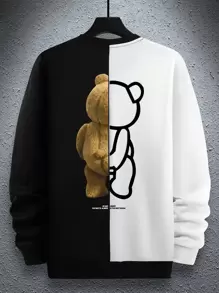 Manfinity Hypemode 宽松版型男士熊印花双色运动衫圆领图案长袖休闲拼色运动衫，适合朋友、丈夫、男朋友的礼物 - 黑與白 - 查看 1