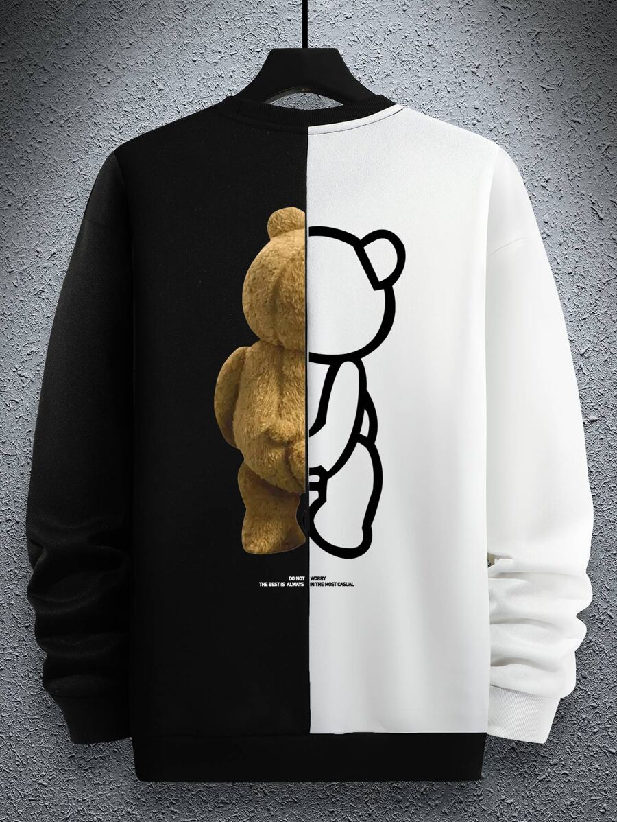 Manfinity Hypemode 宽松版型男士熊印花双色运动衫圆领图案长袖休闲拼色运动衫，适合朋友、丈夫、男朋友的礼物 - 黑與白 - 查看 1