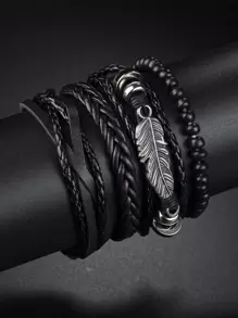 Hombres 4 piezas Pulsera con diseño de pluma - Negro - Ver 1