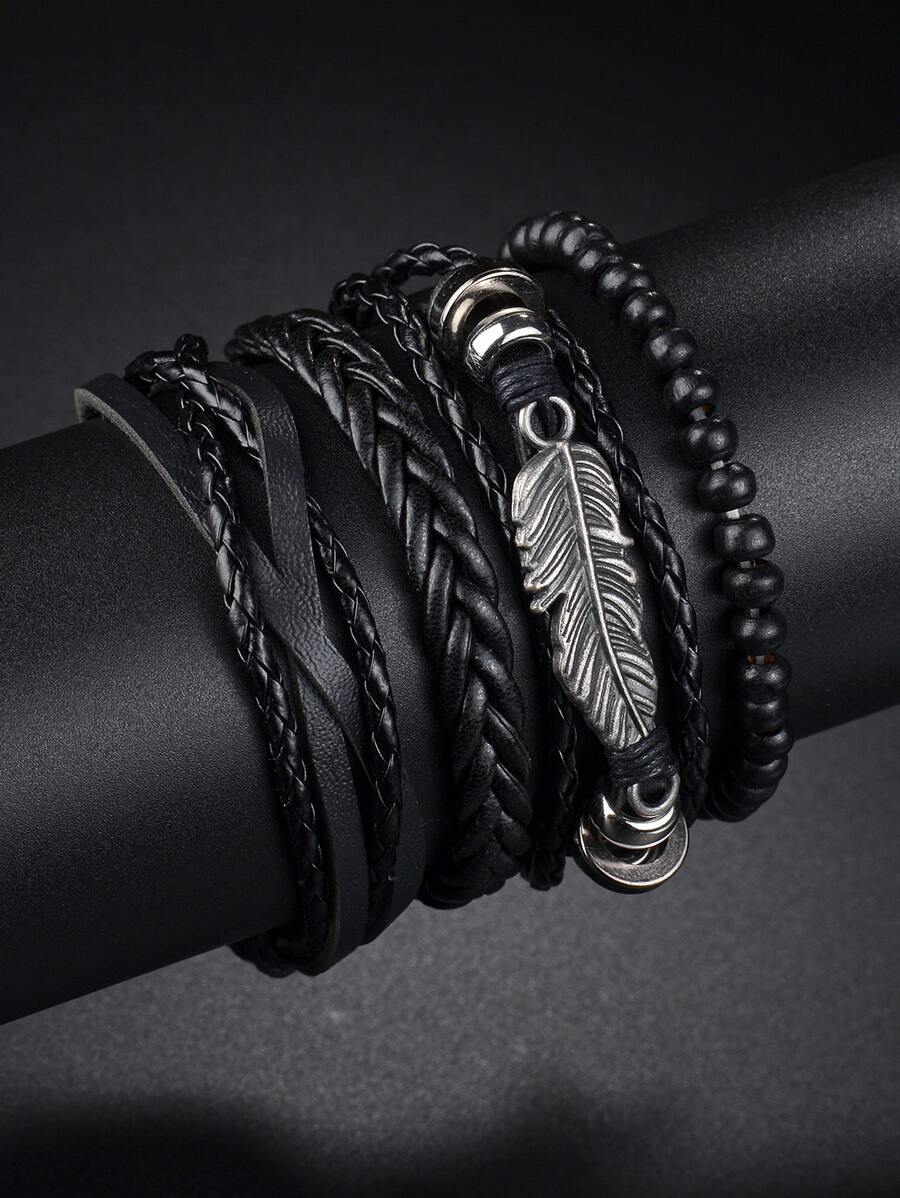 Hombres 4 piezas Pulsera con diseño de pluma - Negro - Ver 1