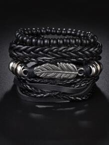 Hombres 4 piezas Pulsera con diseño de pluma - Negro - Ver 2