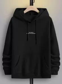 Manfinity Roghcode Men's Loose-Fit Slogan & Wave Printed Hoodie With Pocket,Drawstring Black Graphic Long Sleeve Japanese Streetwear,Winter City Break Hoodies For Gifts - Black - View 2