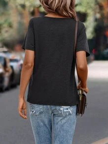 SHEIN LUNE Camiseta unicolor con abertura - Negro - Ver 2