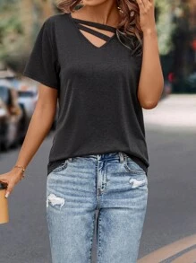 SHEIN LUNE Camiseta unicolor con abertura - Negro - Ver 6