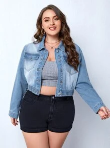 Plus Bleach Wash Flap Pocket Denim Jacket - Medium Wash - View 1
