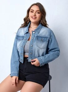 Plus Bleach Wash Flap Pocket Denim Jacket - Medium Wash - View 7