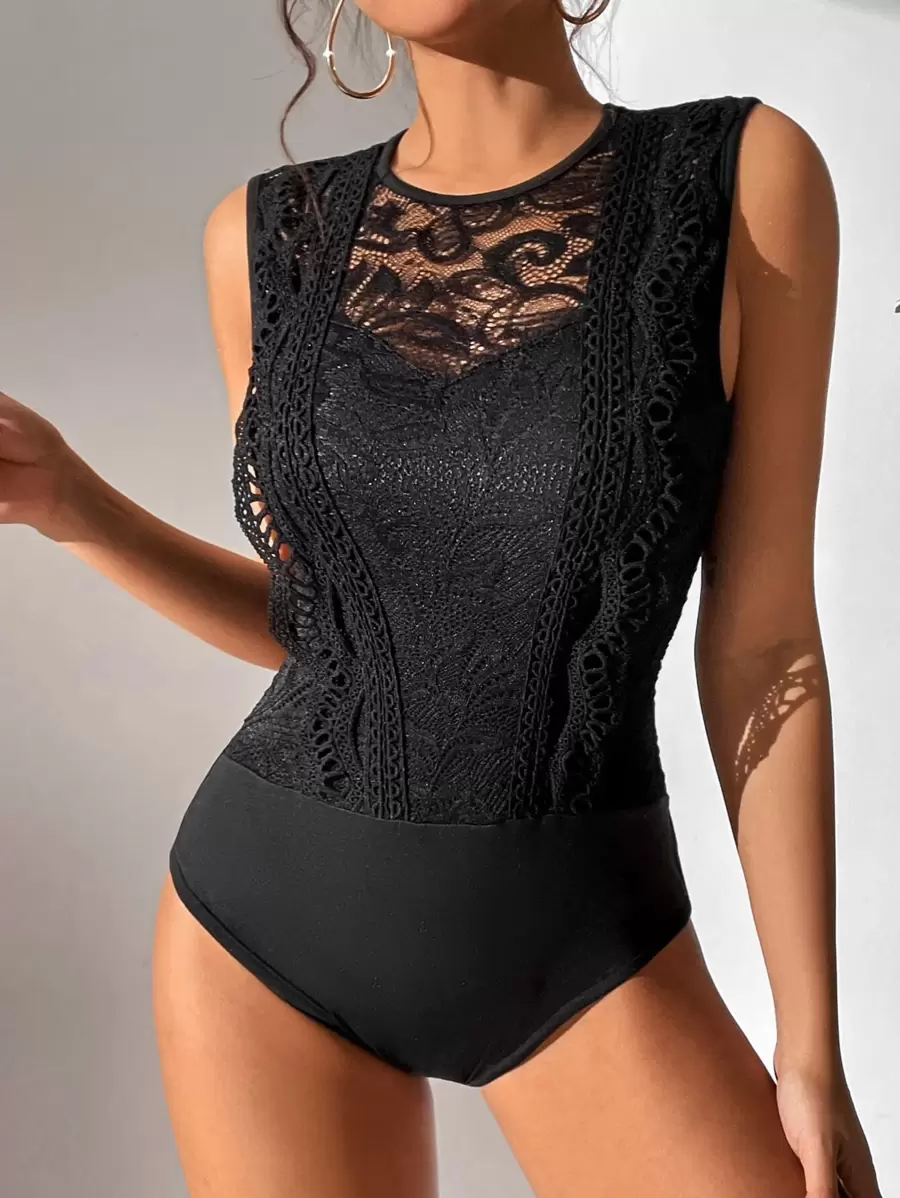 Chiquease Guipure Lace Insert Bodysuit - Black - View 1