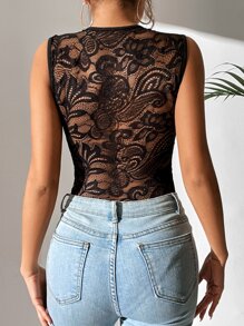 Chiquease Guipure Lace Insert Bodysuit - Black - View 2