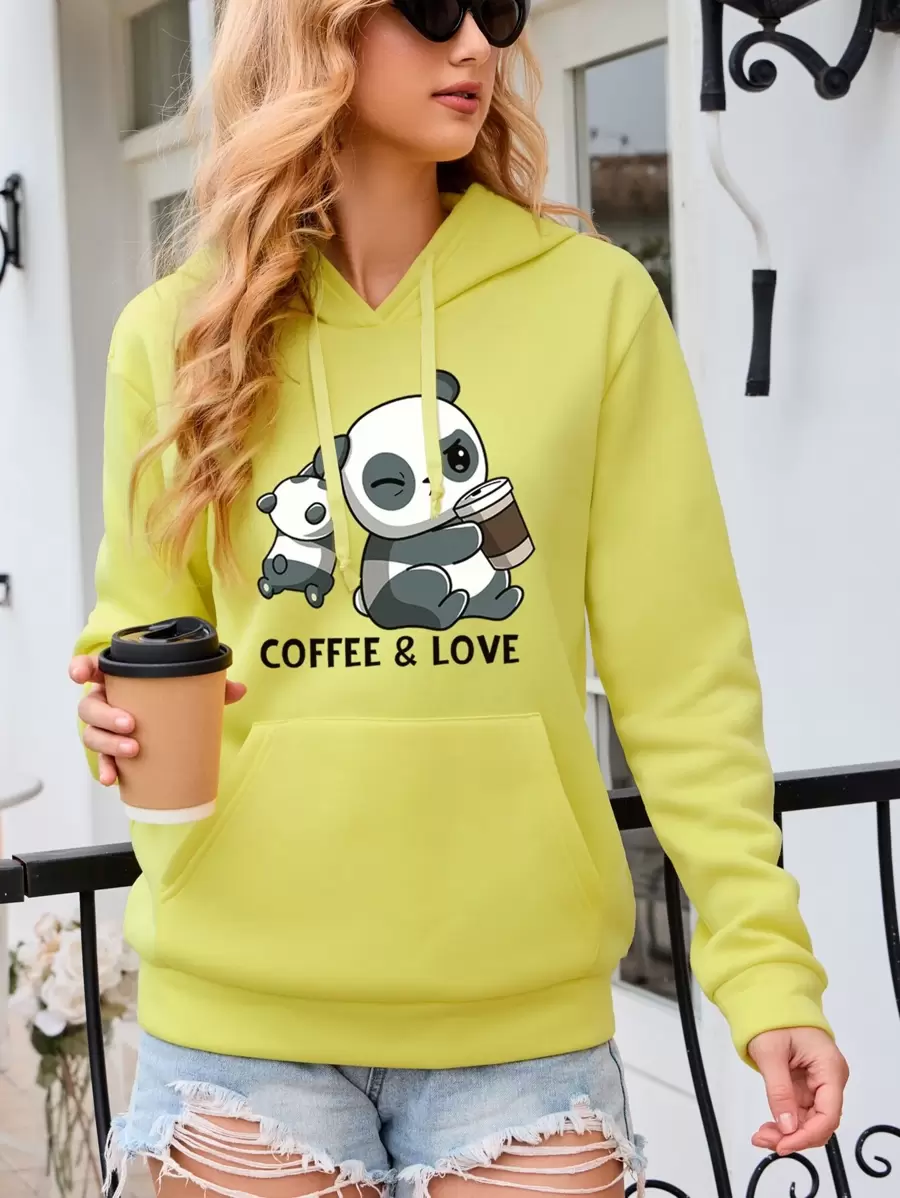 SHEIN EZwear Panda & Letter Graphic Kangaroo Pocket Drawstring Thermal Hoodie - Yellow - View 1