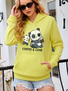 SHEIN EZwear Panda & Letter Graphic Kangaroo Pocket Drawstring Thermal Hoodie - Yellow - View 3