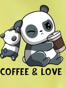 SHEIN EZwear Panda & Letter Graphic Kangaroo Pocket Drawstring Thermal Hoodie - Yellow - View 4