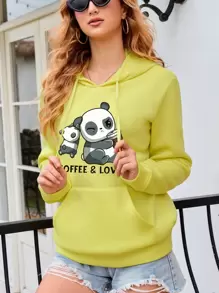 SHEIN EZwear Panda & Letter Graphic Kangaroo Pocket Drawstring Thermal Hoodie - Yellow - View 5