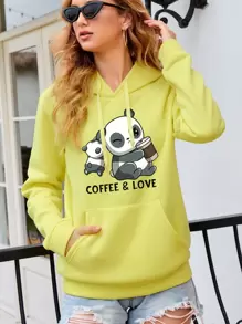 SHEIN EZwear Panda & Letter Graphic Kangaroo Pocket Drawstring Thermal Hoodie - Yellow - View 6