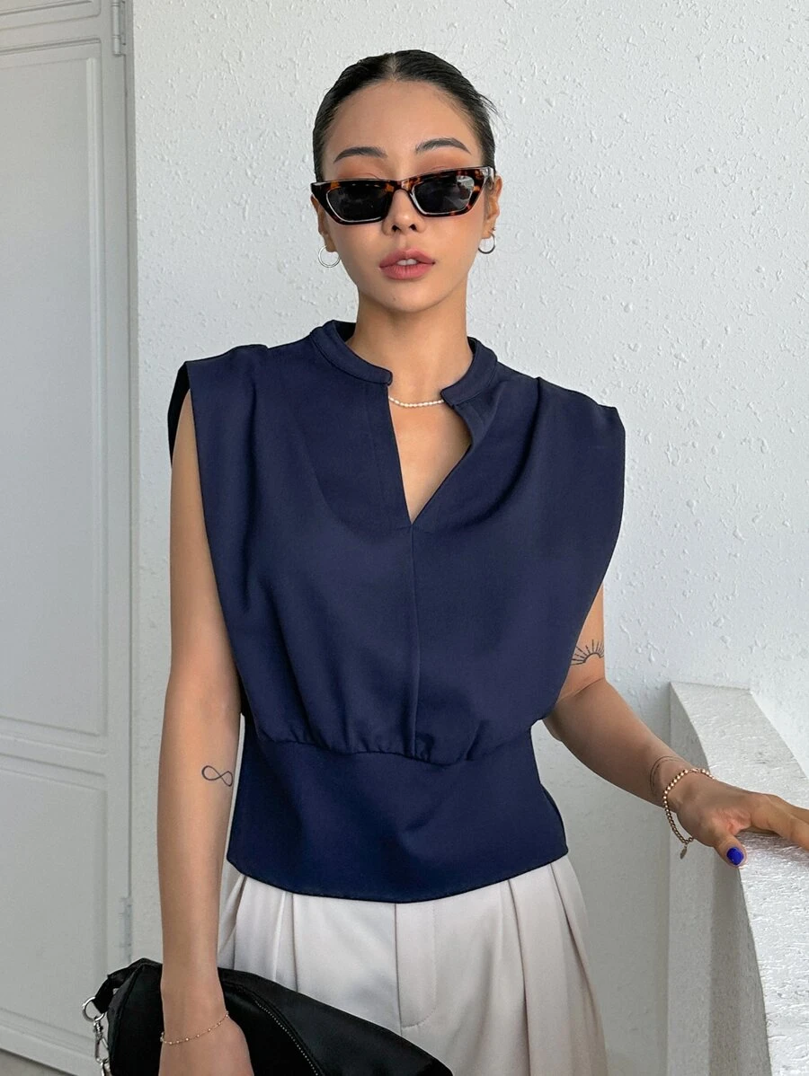 DAZY Notched Neckline Cap Sleeve Top - Navy Blue - View 1