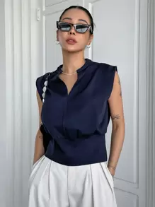 DAZY Notched Neckline Cap Sleeve Top - Navy Blue - View 3