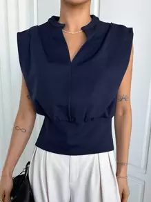 DAZY Notched Neckline Cap Sleeve Top - Navy Blue - View 4