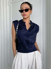 DAZY Notched Neckline Cap Sleeve Top - Navy Blue - View 6