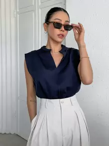 DAZY Notched Neckline Cap Sleeve Top - Navy Blue - View 7