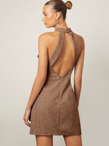 SHEIN BAE 露背繞頸亚麻洋裝 - 摩卡棕 - 查看 1