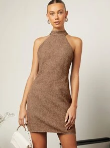 SHEIN BAE 露背繞頸亚麻洋裝 - 摩卡棕 - 查看 2